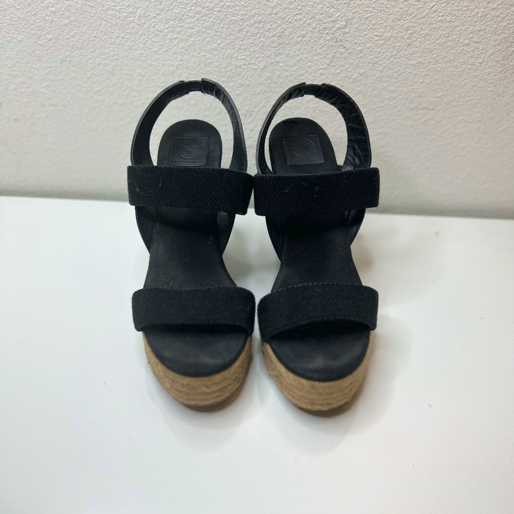 Tory Burch Women's Stretch Two Band Espadrille Wedge Sandals Black 7